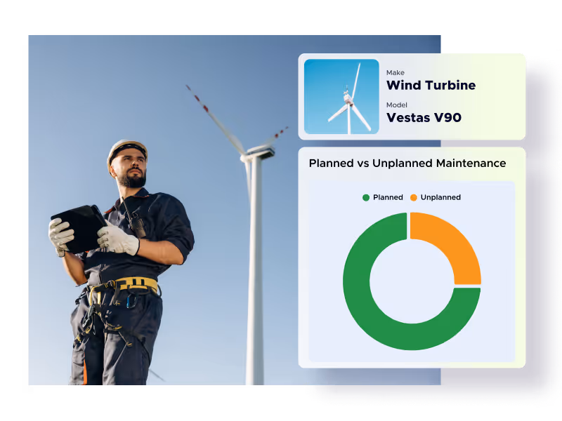 Technician in safety gear holding a tablet in front of a Vestas V90 wind turbine, with a chart showing mostly planned maintenance in green and some unplanned maintenance in orange.